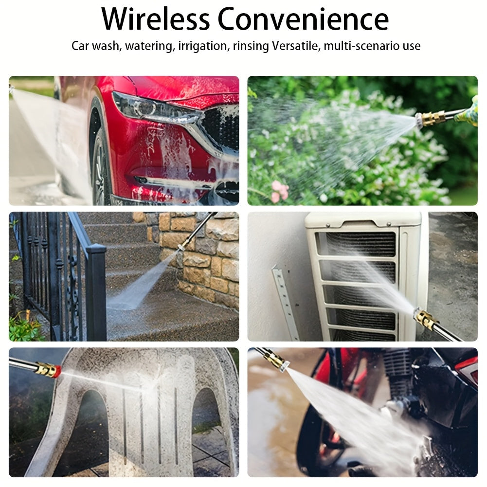 Wireless High-pressure Cleaner with Rechargeable Battery, Available in 1-battery or 2-battery Options. Battery-powered, Suitable for Cars, Yards, Driveways, and Gardens. Features a Green Stainless Steel Foam Nozzle. Portable Electric Car Wash Tool