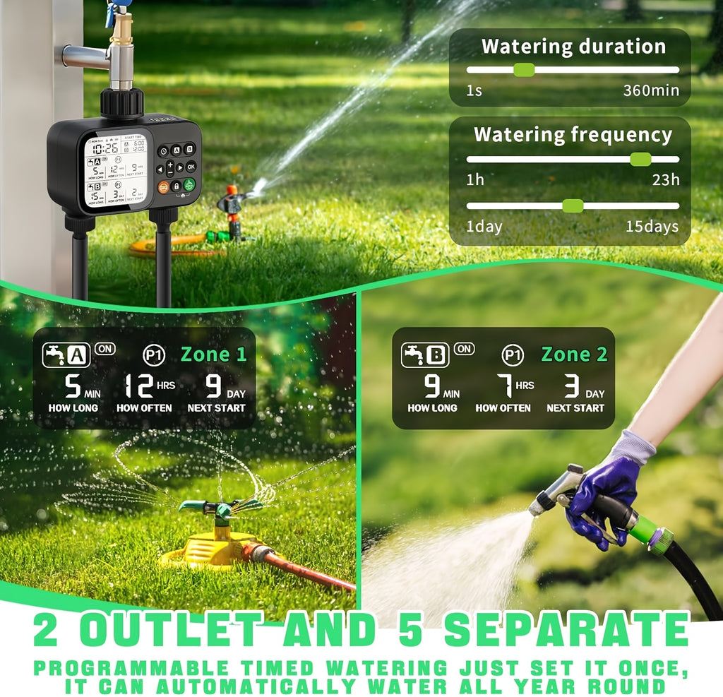 Garden Hose Watering Timer - Water Timer with 2 Outlets - Rain Delay/Manual Watering/Automatic Irrigation Control System Hose Timer for Plants, Gardens, Lawns and Outdoors Programmable Faucet Timer