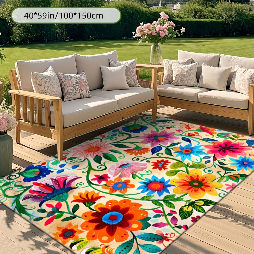 XL Outdoor Rug - Soft Faux Texture, Vibrant Floral - All-Weather Washable Mat, for Patio/Balcony/Living Room/Rv/Camping - Durable Fabric, Non-Slip Rubber Backing, XL. As Outdoor Rug, Door Mat, Cooling Gazebo Mat, RV Mat, Camping Rug & Deck Mat