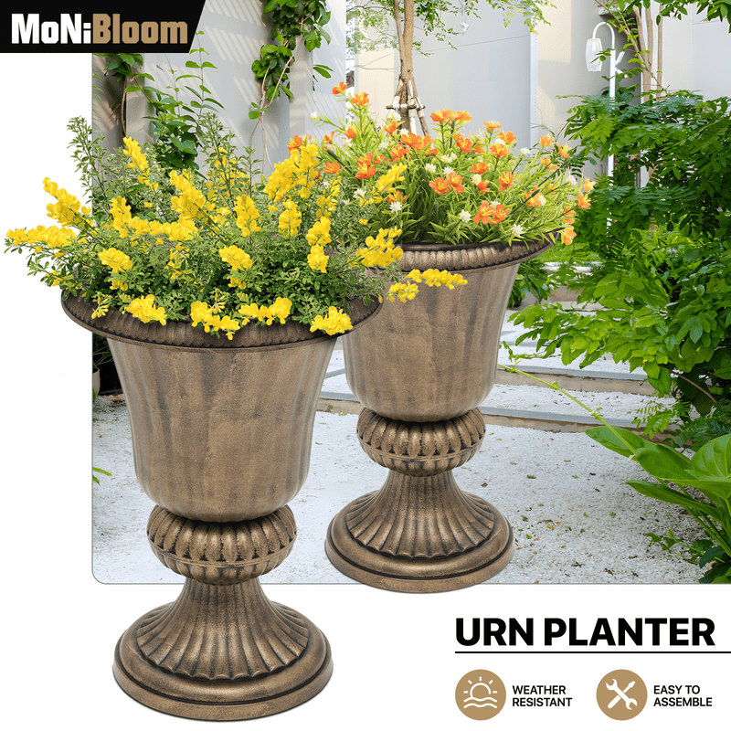 20" Urn Planters for Outdoor Plants, Large Decorative Front Porch Planters Set of 2, Tall Plastic Flower Pots for Garden, Patio & Entryway Dcor, Antique Brass