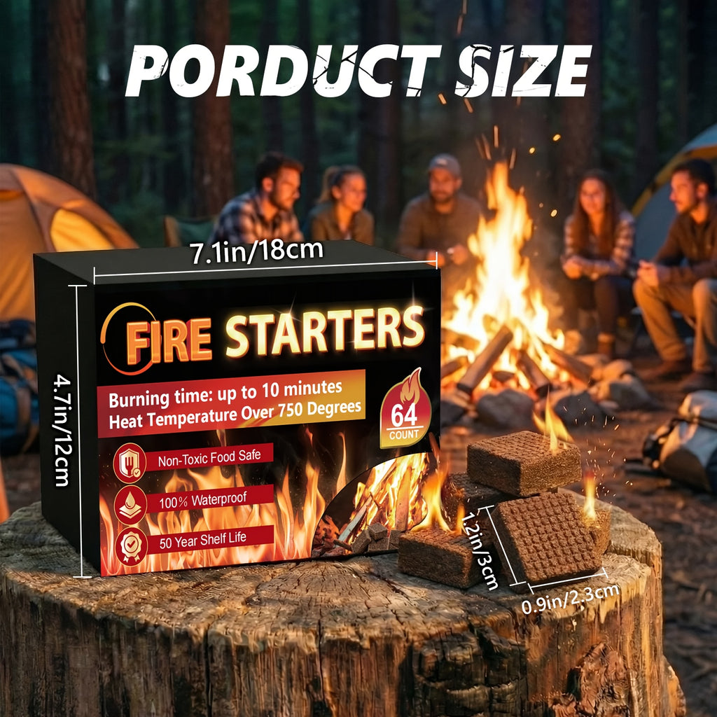 Fire Starter, Easy-Burning Fire Starter Squares for Wood Stoves, Campfires, Grill Pit And Fireplace, Natural & Waterproof BBQ Fire Starters, 64 Mini Square