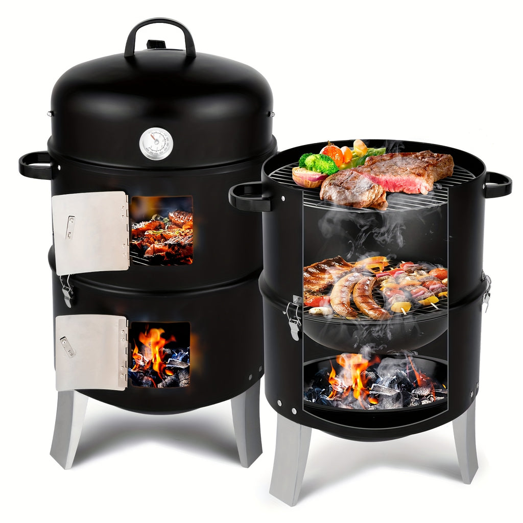 Vertical Charcoal Smoker Grill with 3 Levels, Wood Smoker Grills with Large Cooking Capacity, Easy Temperature Control, And Durable Construction - BlackPortable BBQ Grill for Camping, Outdoor Cooking, Backyard