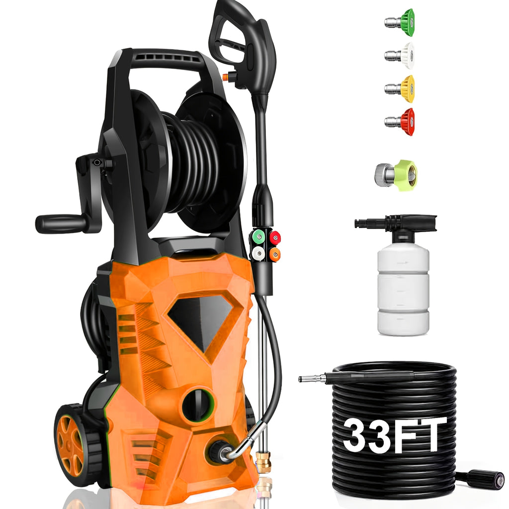 5000PSI Electric Pressure Washer - 2025 New Electric Power Washer With Upgraded 33FT Pressure Washer Hose Reel, Foam Cannon, 4 Nozzle Set, Power Washer For House/Patios/Car, Orange