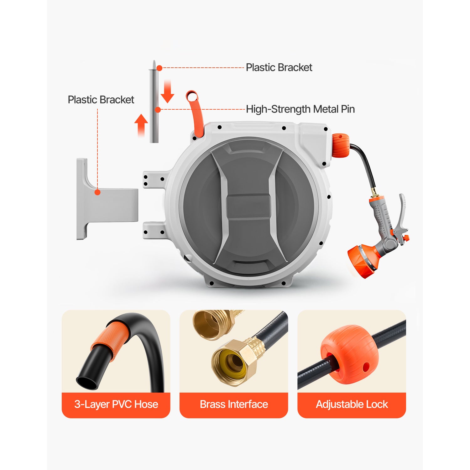 VEVOR Retractable Garden Hose Reel, 1/2 inch / 5/8 Inch x 65ft / 85ft / 100ft Wall Mounted, Heavy Duty with 9-Pattern Nozzle, Adjustable Length Lock, Upgraded Slow Return System & 180° Swivel Bracket