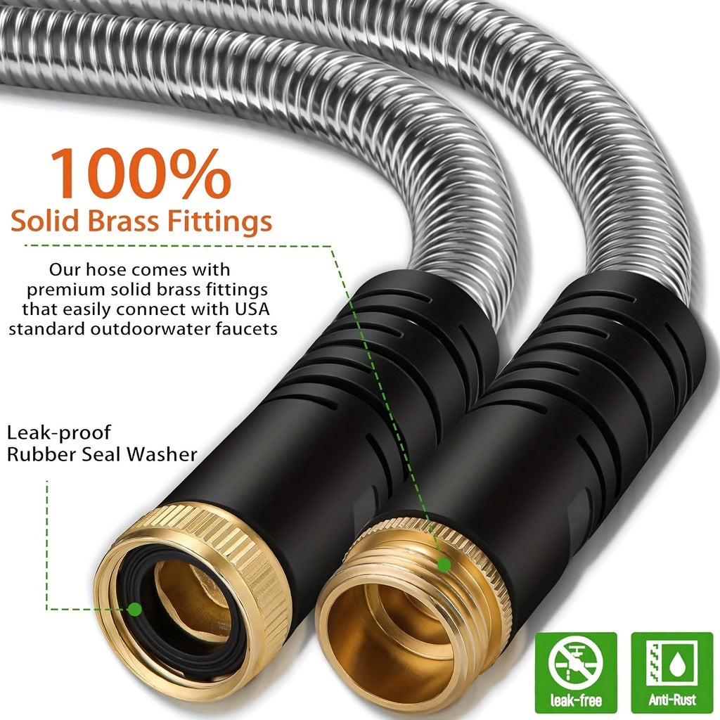 Flexible Metal Garden Hose Featuring a 10-Function Nozzle, Designed to Be Kink-Free, Lightweight, Durable, And Resistant to Crushing, with Easy Coiling And Puncture-Proof Capabilities, Ideal for Yards And Rvs