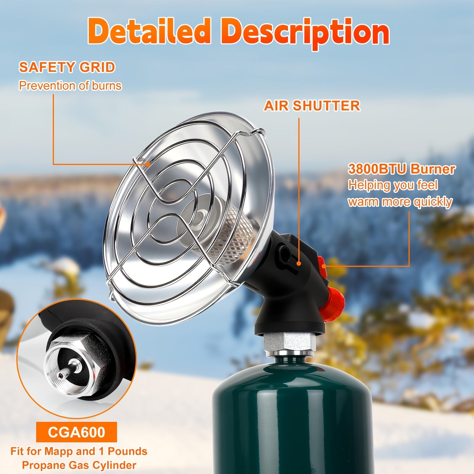 Portable Propane Heater for Camping, Outdoor Small Space Patio Garage Heater, Self-Igniting Radiant Heater, Foldable Gas Tank Holder, Suitable for Hiking, Ice Fishing, Hunting, Tents, Backyard