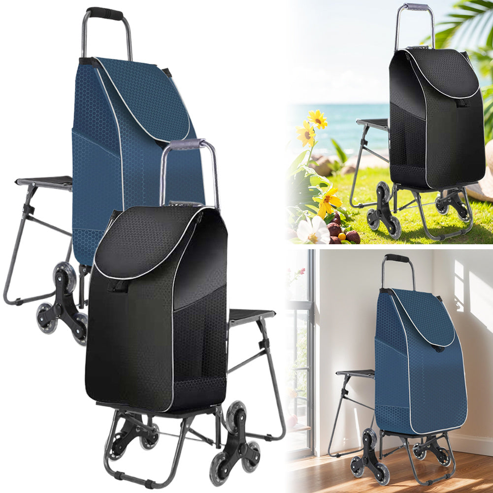 Climbing Stairs Luggage Cart Trolley with Waterproof Bag & Chair Folding Grocery Shopping Trolley Portable Folding Cart with Climbing Stair Wheels for Effortless Grocery Transport