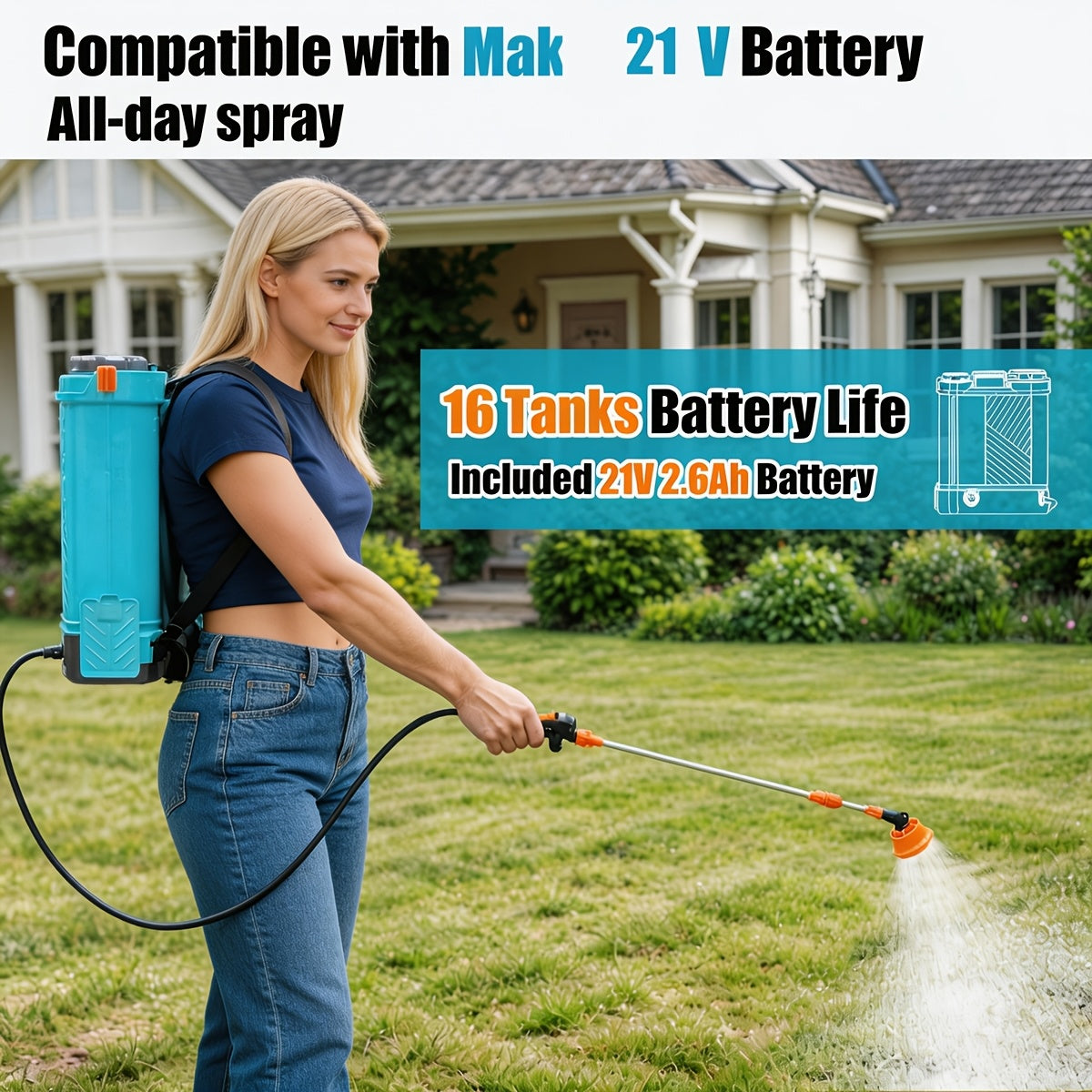 4 Gallon Battery Powered Backpack Sprayer, 100 PSI Adjustable Pressure Sprayer Compatible, Electric Weed Yard Sprayer with Telescopic Wand, 5 Nozzles, 21V 2.6Ah Battery And Charger Included