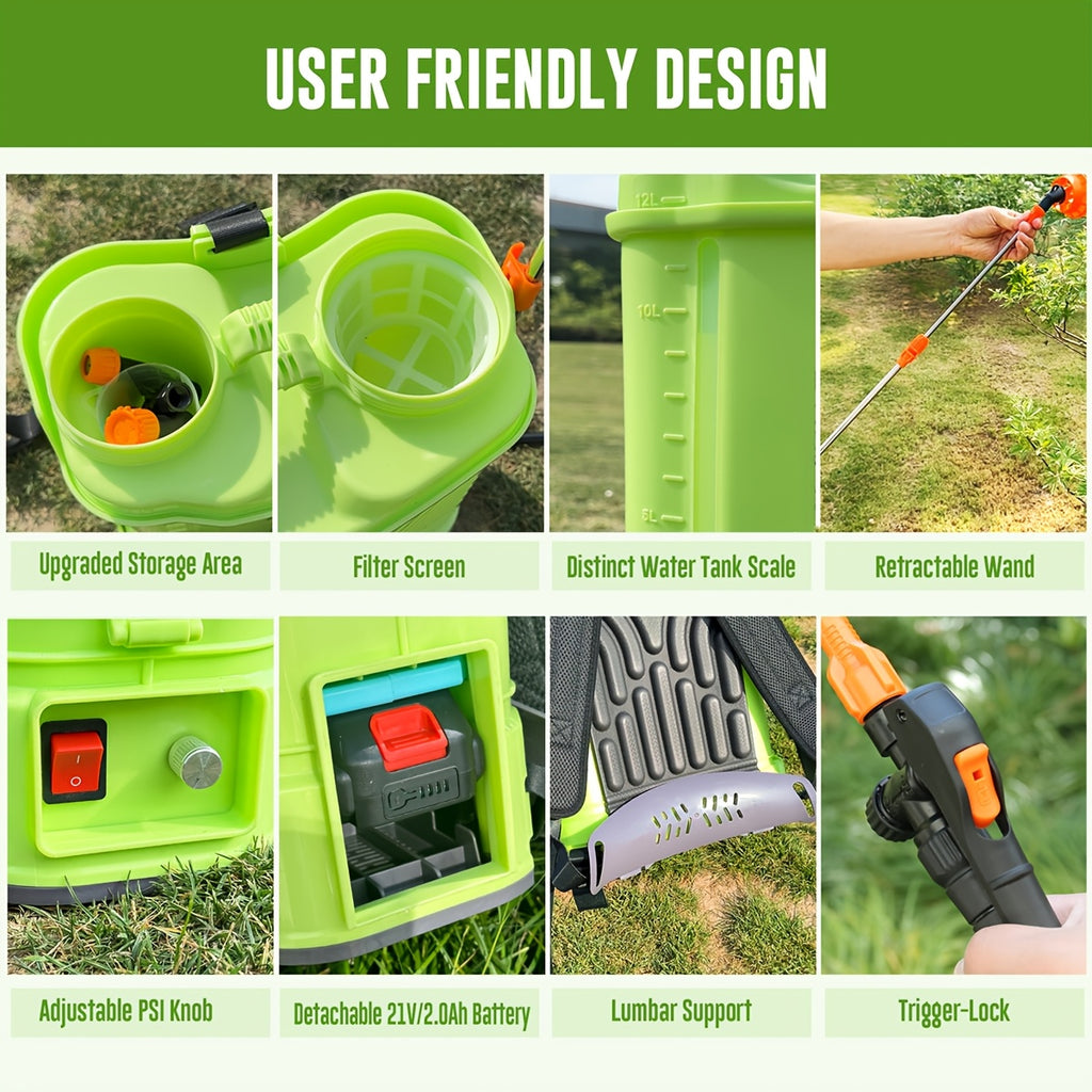 3.2 Gallon Backpack Sprayer Battery Powered, 0-80 PSI Adjustable Pressure Sprayer Compatible with 18V Battery, Electric Sprayer with Steel Telescopic Spray Wand, 5 Nozzles, 2.0Ah Battery&Charger Included