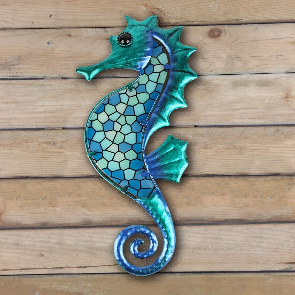 HONGLAND Metal Seahorse Wall Art Blue Mosaic Glass Wall Decor Sculpture Hanging Ocean Decorations for Home, Garden, Fence, Livingroom, Indoor, Outdoor