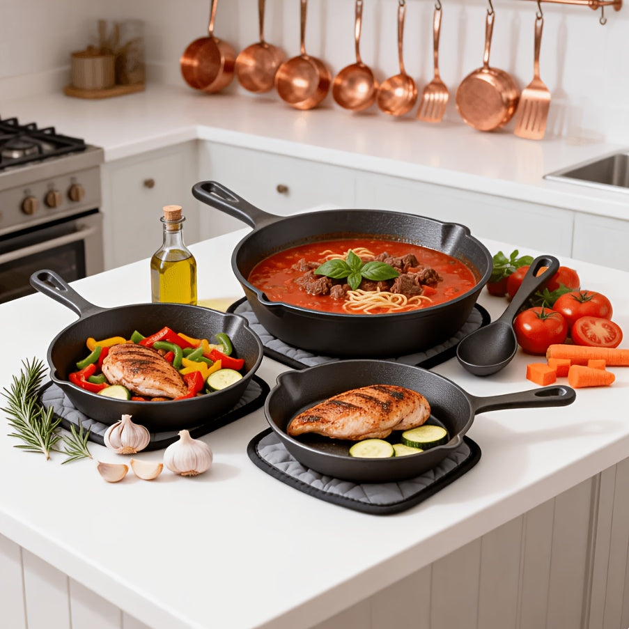 3pcs Heavy-Duty Cast Iron Skillet Pan Set - Pre-Seasoned Round Cookware with Stovetop & Even Heat Distribution, Featuring An Uncoated Skillet with A Handle, Versatile for Home Cooking, Outdoor Camping Grilling, Steaks, And Omelettes