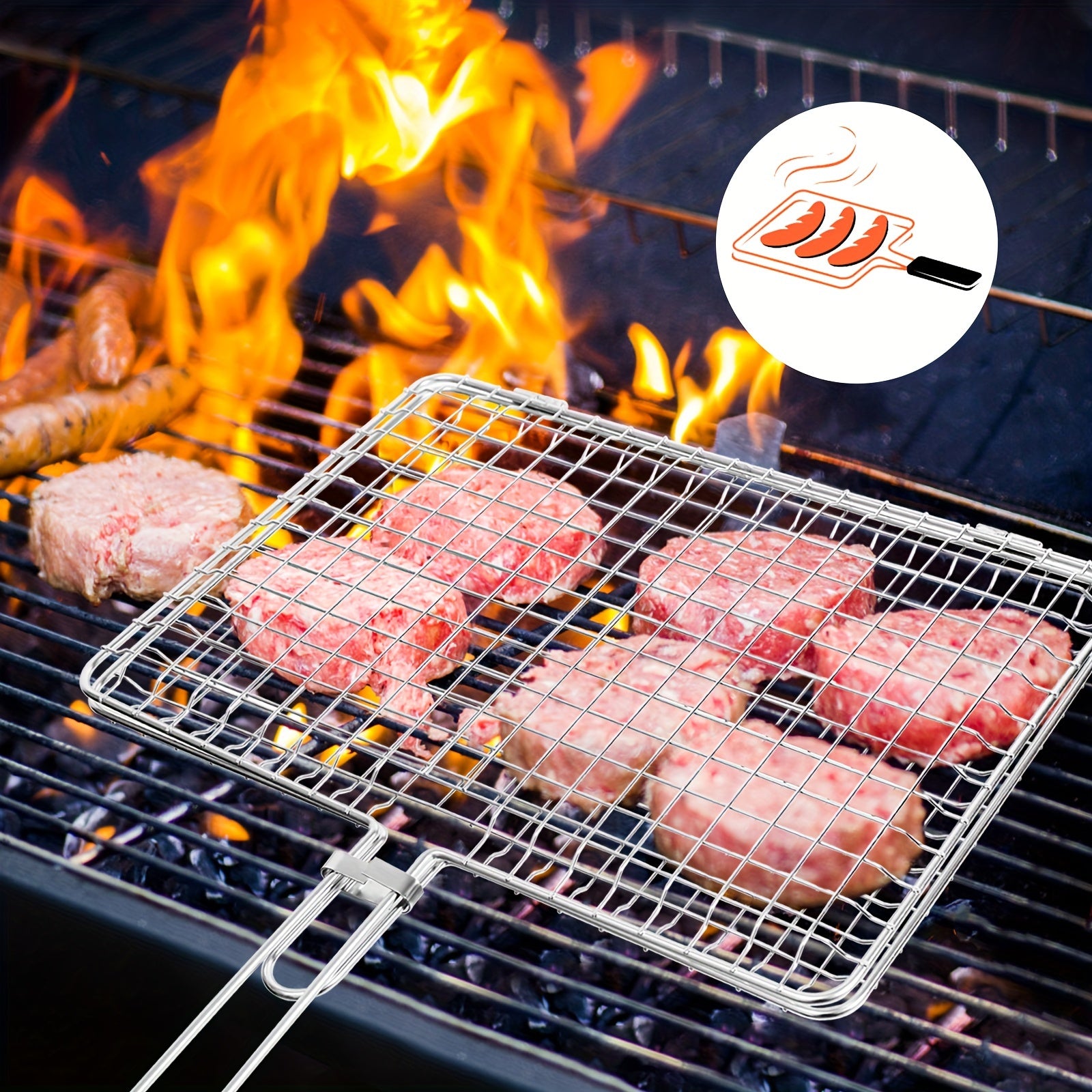 Stainless Steel Folding Barbecue Basket Portable Outdoor Camping Barbecue Accessories Suitable for Chicken, Meat, Fish, Steak, Vegetables, Grilled Skewers, Seafood, Dad Barbecue Gifts