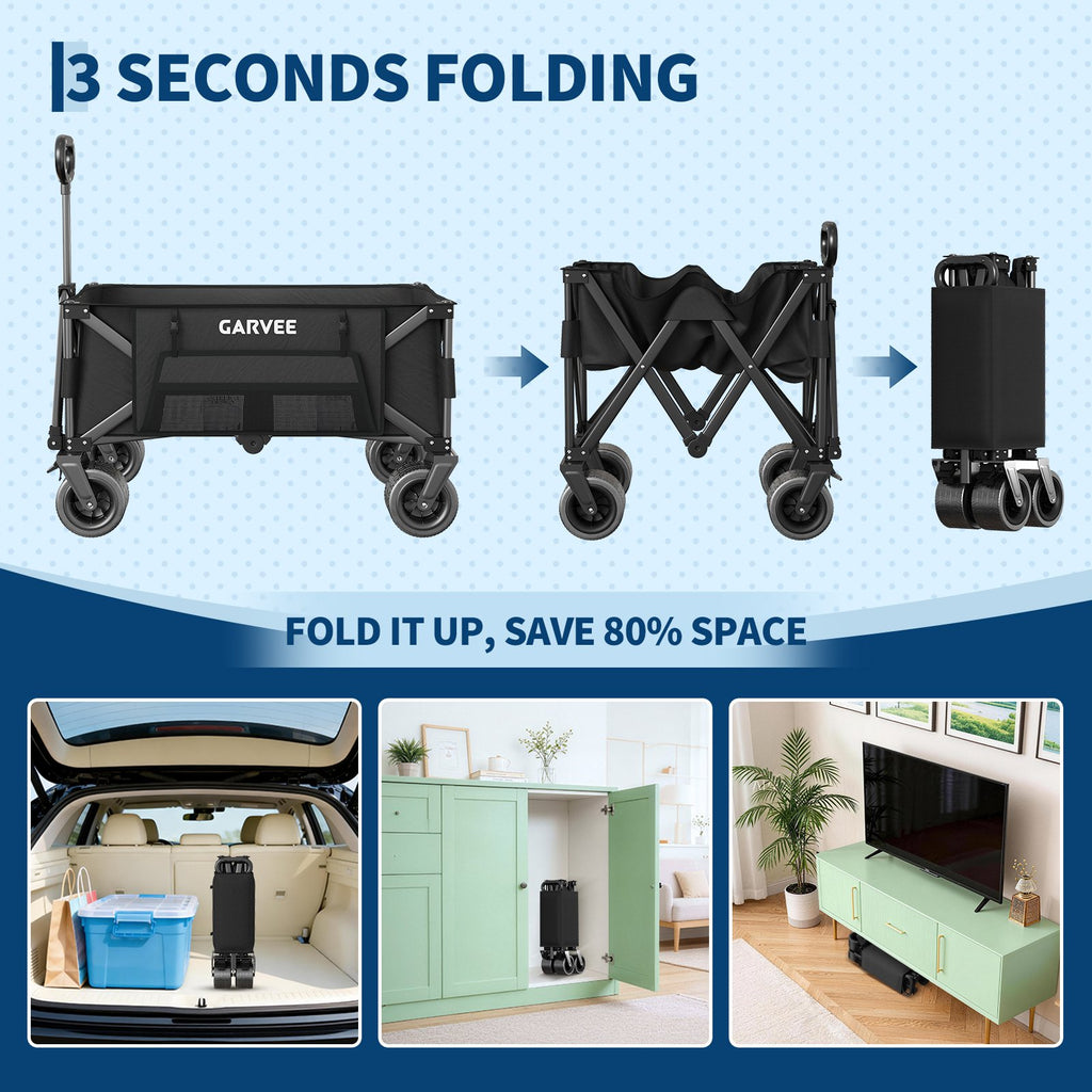 A Black Heavy-Duty Folding Cart, with a 400-Pound Load Capacity, 260-Liter Foldable Multifunctional Cart, Equipped with All-Terrain Wheels, a Cup Holder, a Storage Cover, And Elastic Cords, Perfect for Camping, Grocery Shopping, Shopping, And Sports
