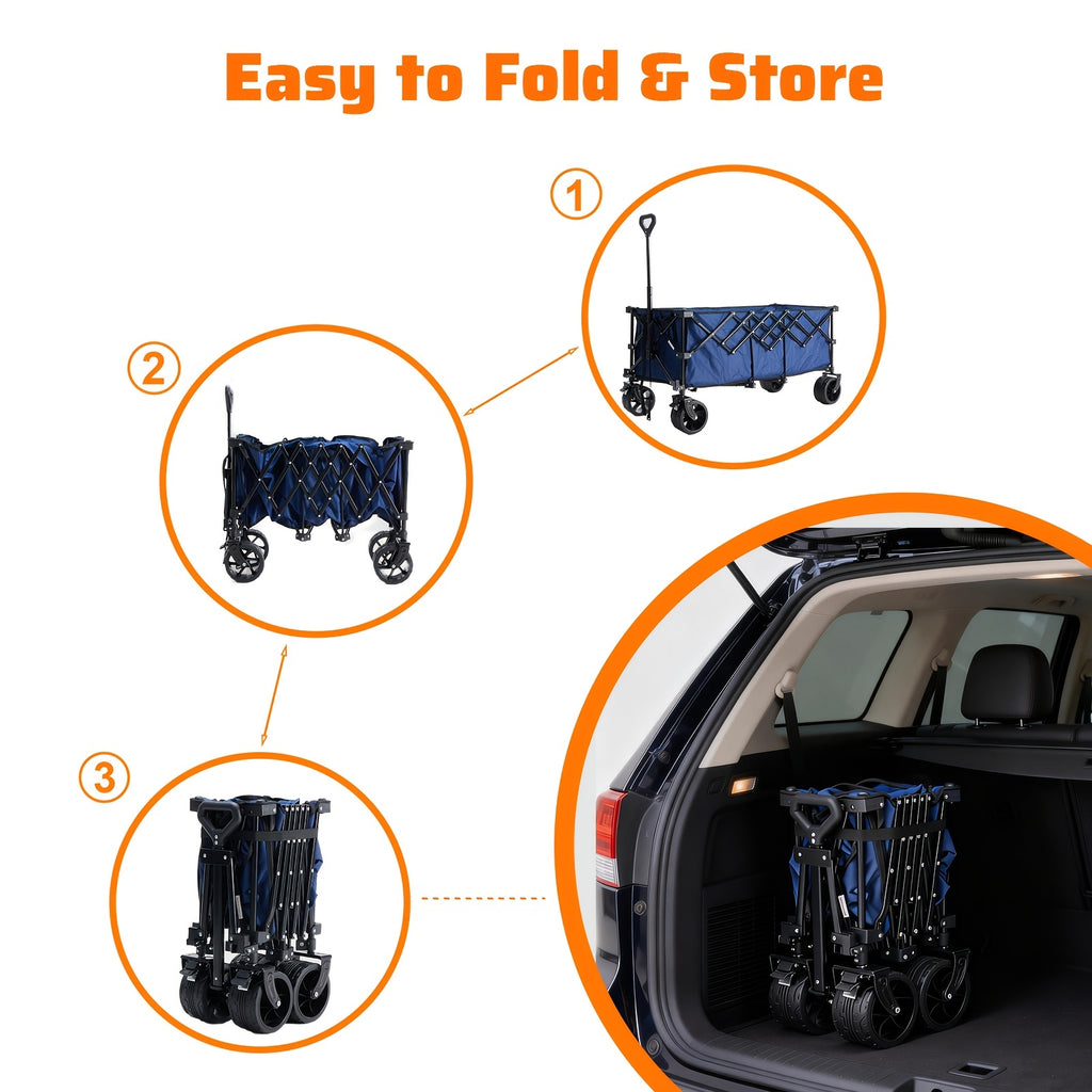 Collapsible Wagon Cart - 440Lbs Foldable Extra Long Heavy Duty Utility Wagon with Wheels, Portable Storage Grocery Cart for Camping, Shopping, Sports, Beach, Garden