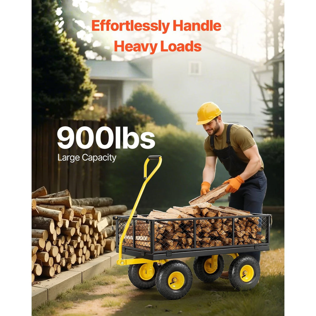 Vevor 500/1200/1400 Lbs Steel Garden Cart, Heavy Duty Pullable Cart with Wheels for Garden, Metal Yard Utility Wagon with 10" All Terrain Tires, Removable Mesh Sides and 180° Rotating Handle