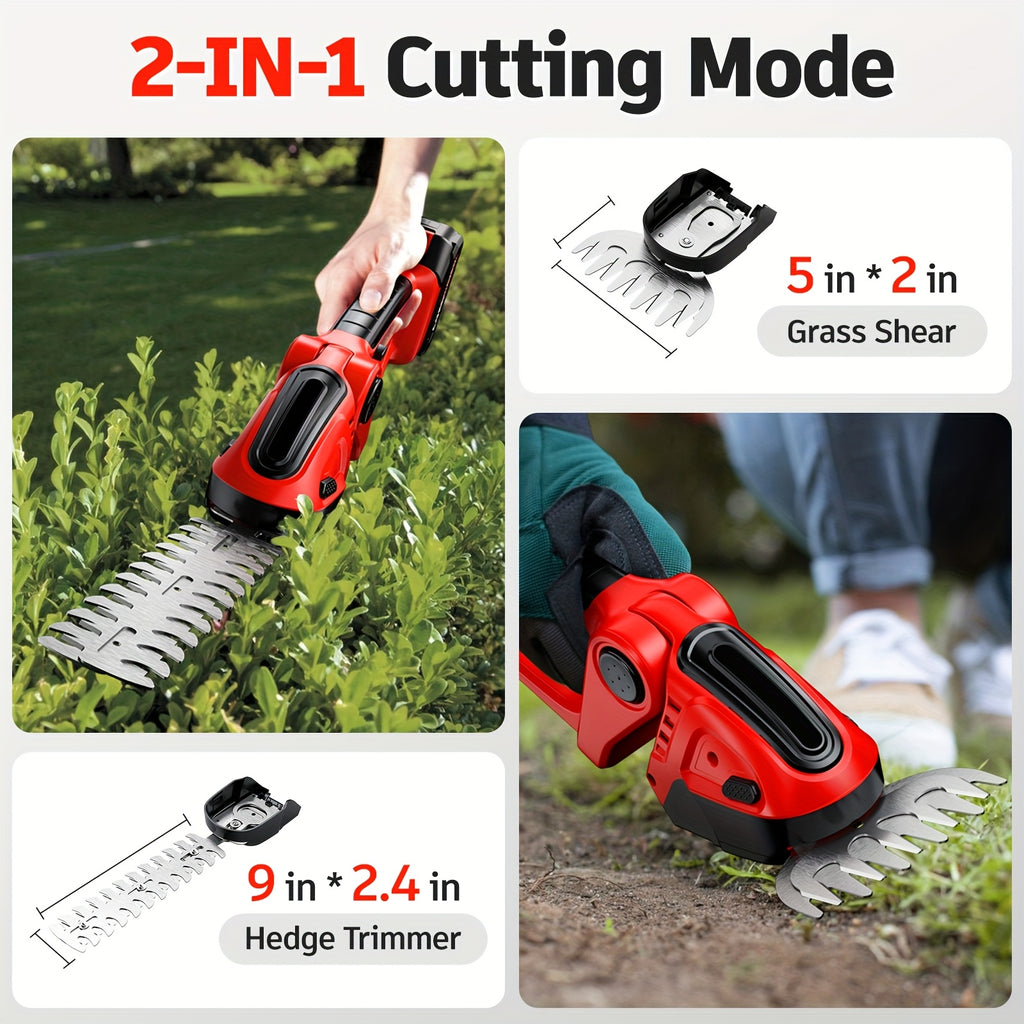 Battery-Powered Hedge Trimmer 21V Cordless Electric Hedge Trimmer and Grass Shears, 2-in-1 Handheld Lawn Trimmer/Shrub Cutter, Lightweight and Portable, Suitable for Home Garden, Landscape, Lawn, Farm, with Blades, 2000mAh Battery and Charger