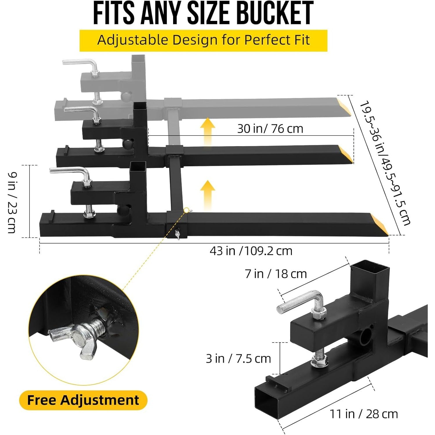 Heavy Duty Pallet Forks with Adjustable Stabilizer Bar, 43" (2500 lbs) Capacity, Connecting Rod for Skid Steer Tractor Loader Bucket - Black, Skid Steer Tractor, Loader Bucket