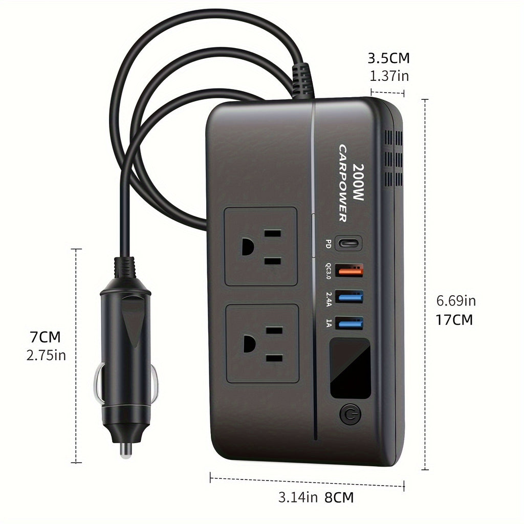 1pc 200W Car Inverter DC 12V to 110V AC Power Inverters for Vehicles with PD 20W USB-C, Dual USB Ports And QC3.0 Fast Charging Ports Car Charger Adapter And with Cigarette Lighter Hole