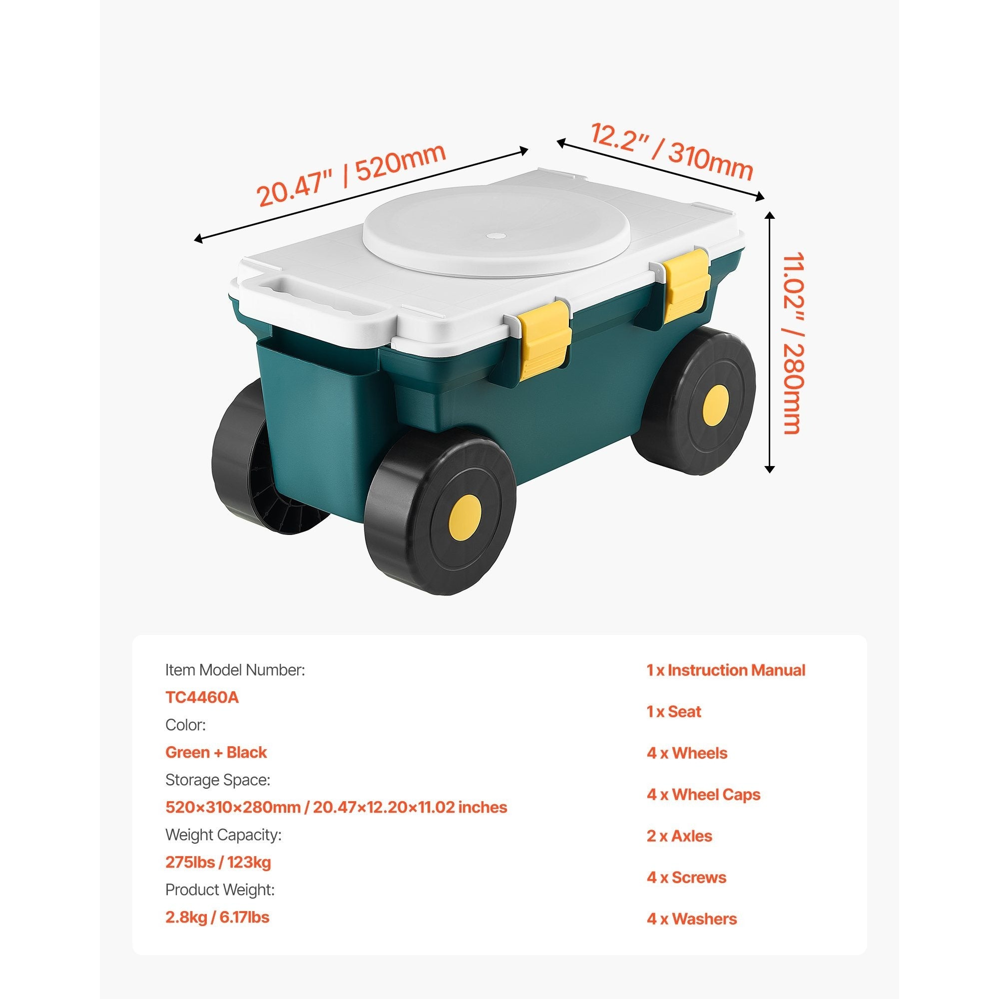 VEVOR Rolling Garden Cart with Seat 276 lbs Plastic Garden Scooter Storage Bin & Seat Light/heavy