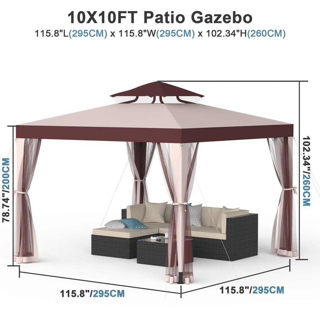 1pc 10' X 10' Gazebo with Mosquito Netting, 100 Sq Ft Shade, Terrace Gazebo with Mesh Sidewalls And Sturdy Steel Frame for Garden, Backyard Terrace BBQ Party