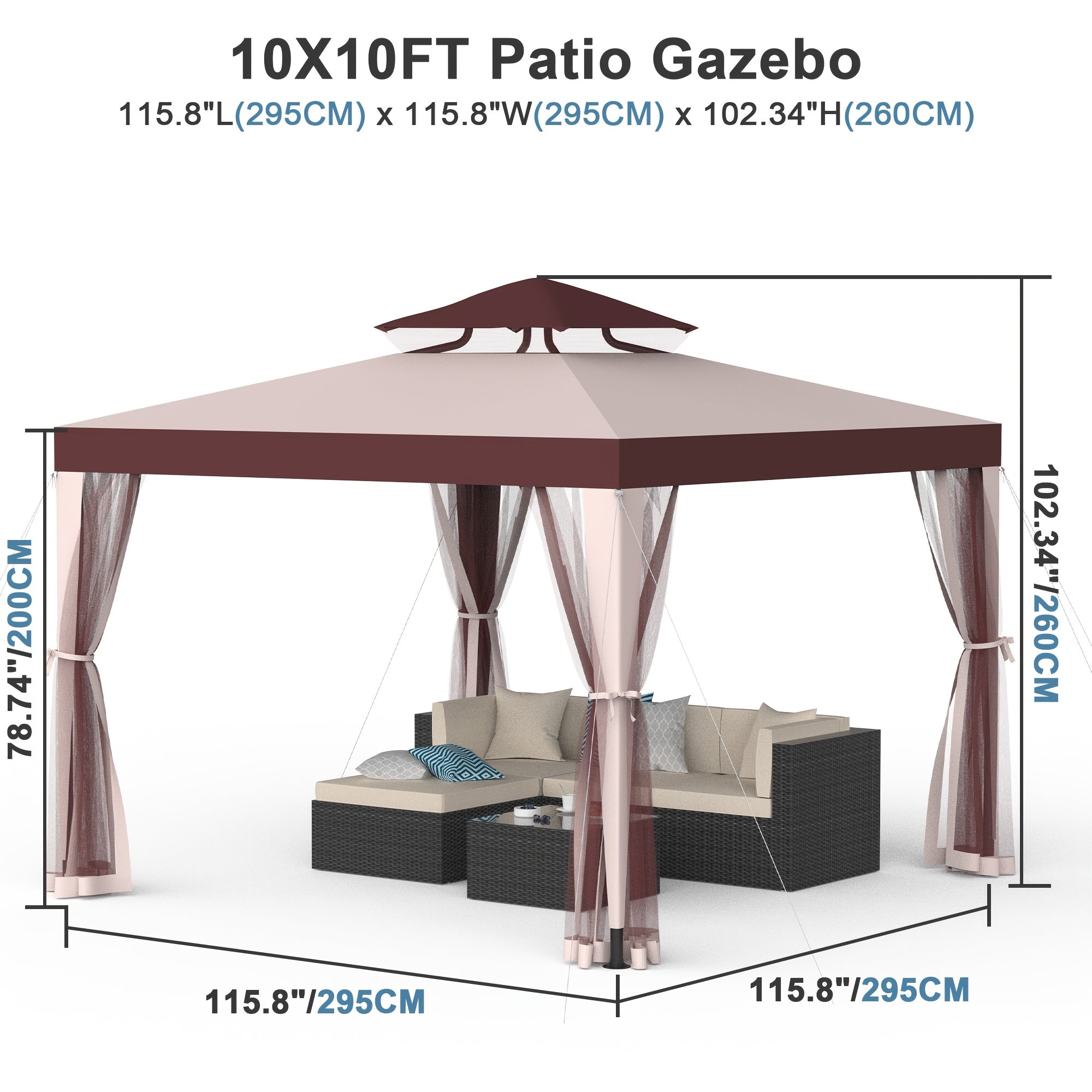 1pc 10' X 10' Gazebo with Mosquito Netting, 100 Sq Ft Shade, Terrace Gazebo with Mesh Sidewalls And Sturdy Steel Frame for Garden, Backyard Terrace BBQ Party