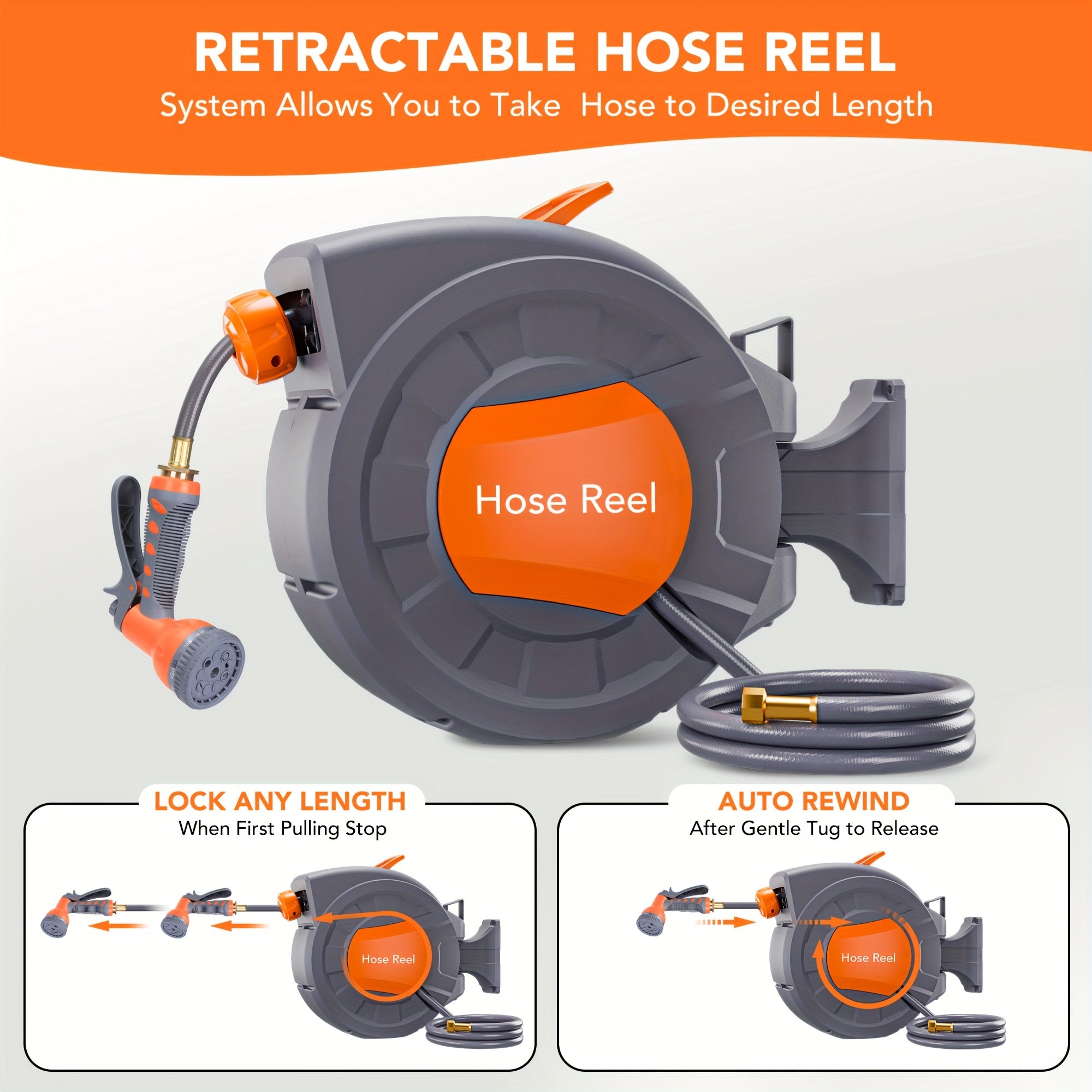 1pc EUKER Automatic Garden Hose Reel with 9-Function Sprayer, 180° Swivel, Automatic Rewind & Slow Return System, 100ft/28+2m Length, 1/2" Hose, 1/2" Hose Reel