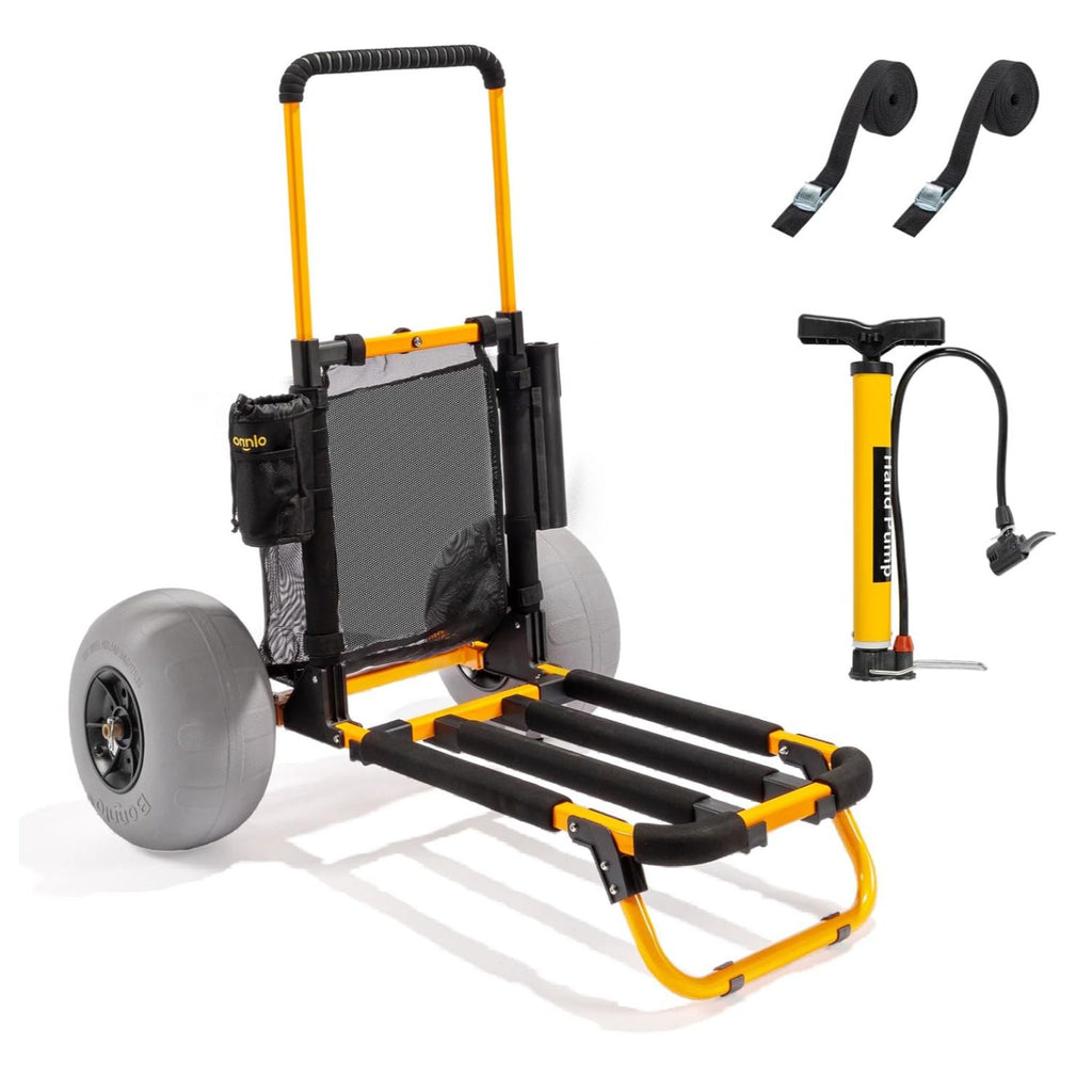 Bonnlo Beach Fishing Cart, Beach Wagon Trolley with 12" Big Balloon Wheels for Sand Foldable Beach Trailer with 23" x 15" Cargo Deck, Fishing Rods Holder, Water Bottle Holder, Mesh Bag, Hand Pump
