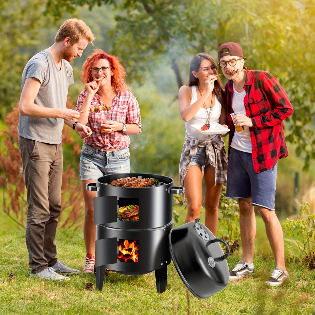 16 Inch 3-Tier Vertical Charcoal Smoker Grill with 2 Free BBQ Tongs, Portable Outdoor BBQ Smoker Grill for Smoking, Grilling & Cooking, Easy Heat Control Charcoal Grill for Camping, Backyard & Patio, Black, Father's Day Gift for Dad, BBQ Lover Gift