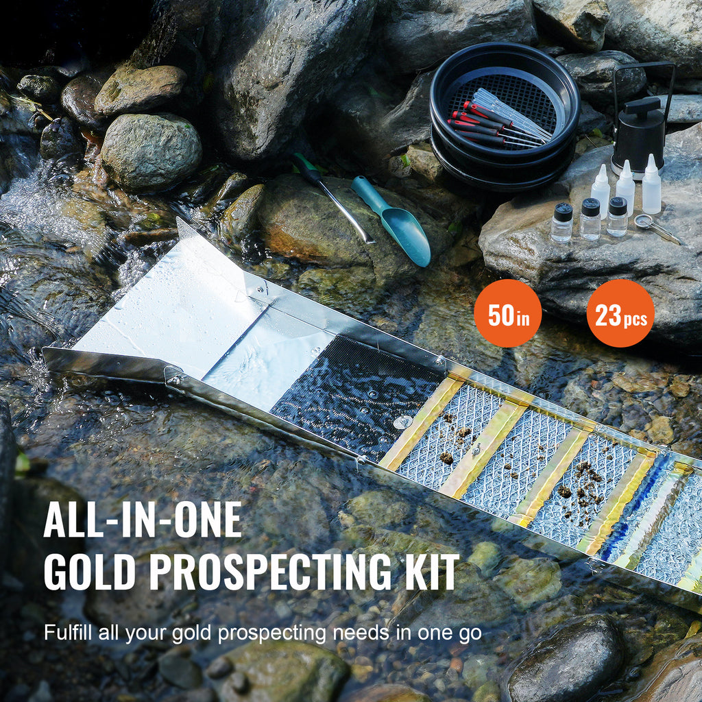 VEVOR Folding Sluice Box Gold Panning Kit, 50 Inch 23pc Gold Prospecting Equipment Kit with Gold Pan, Classifier Screen, Separating Magnet, Backpack and More