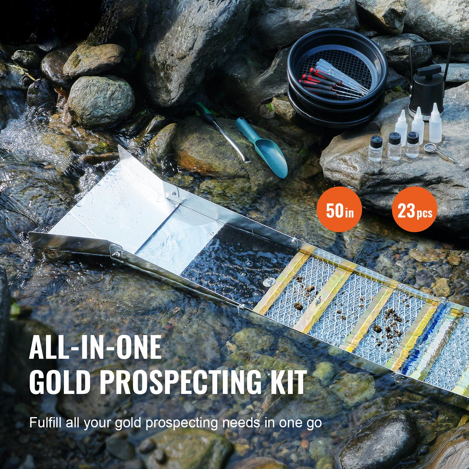 VEVOR Folding Sluice Box Gold Panning Kit, 50 Inch 23pc Gold Prospecting Equipment Kit with Gold Pan, Classifier Screen, Separating Magnet, Backpack and More
