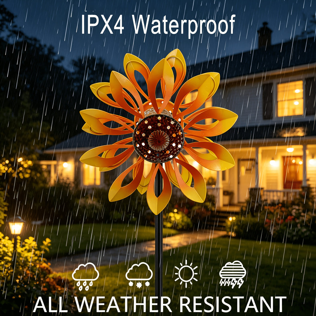 Outdoor Patio Landscape Decor, Solar Powered Metal Sunflower Wind Spinner with Night Glow Light, Collects Sun Energy During The Day And Shines After Dark, Weatherproof Kinetic Rotation Design for Garden Yard Lawn Decorative Ornament
