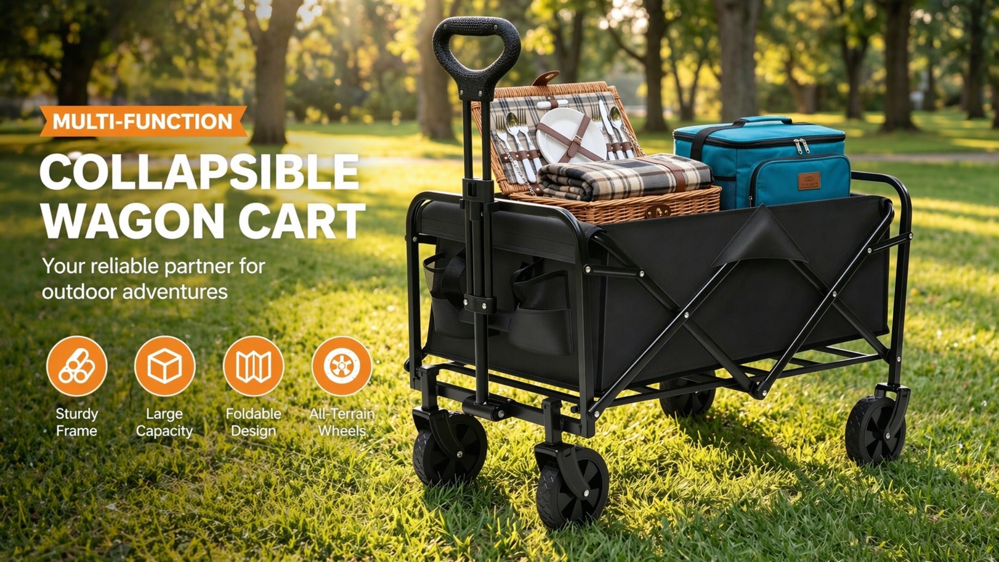 Heavy Duty Foldable Wagon Cart, 650LBS Load Bearing, Stainless Steel Frame, 600D Oxford Fabric, All Terrain Utility Cart with Swivel Wheels And Adjustable Handle, Multipurpose Portable Cart for Camping, Beach, Gardening Cart