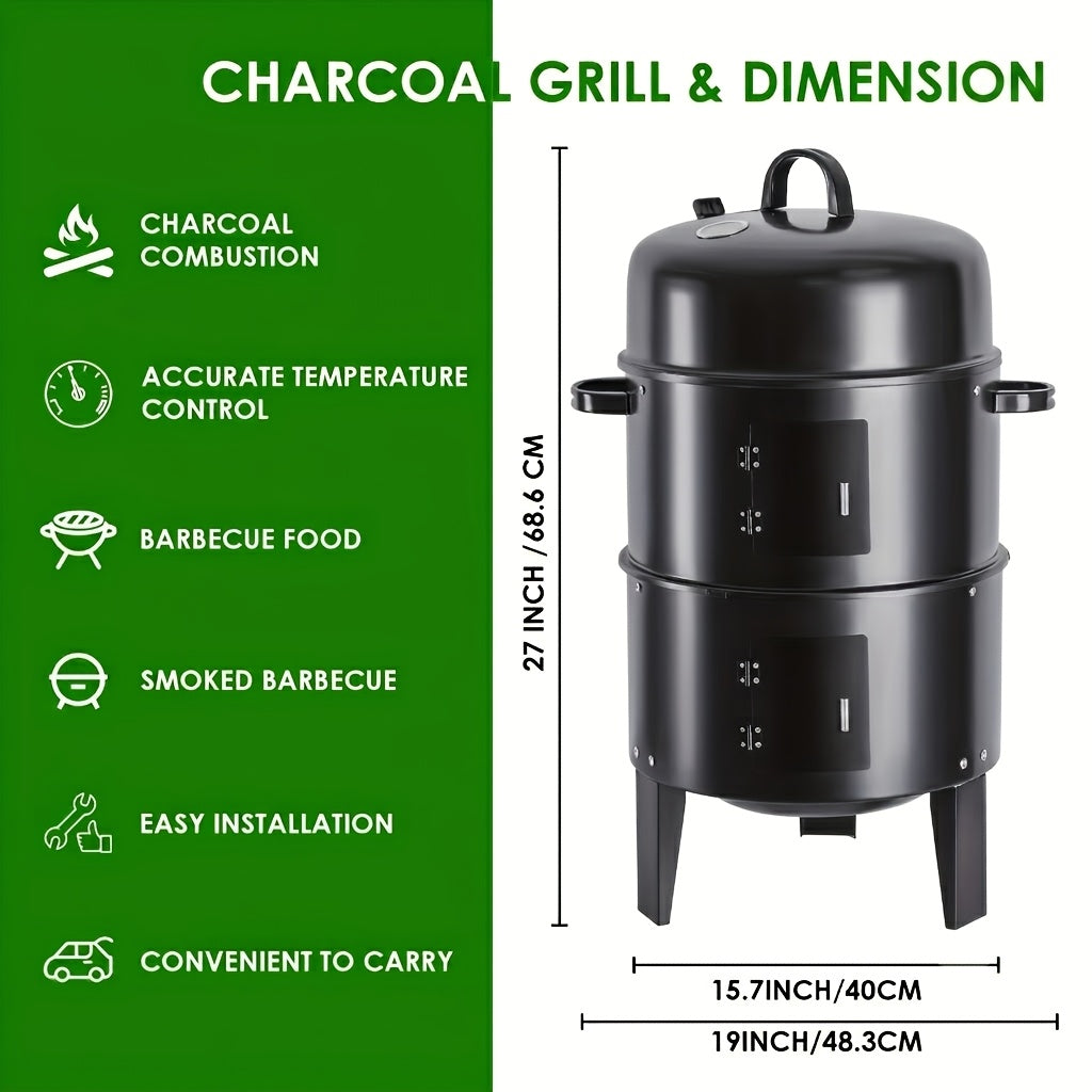 16 Inch 3-Tier Vertical Charcoal Smoker Grill with 2 Free BBQ Tongs, Portable Outdoor BBQ Smoker Grill for Smoking, Grilling & Cooking, Easy Heat Control Charcoal Grill for Camping, Backyard & Patio, Black, Father's Day Gift for Dad, BBQ Lover Gift