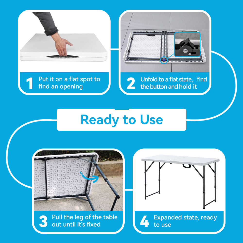 【 4FT/5FT/6FT 】 Folding table with handle and safety lock, easy to set up, with a weight carrying capacity of 330 pounds, suitable for camping, picnicking, parties, and indoor activities, white