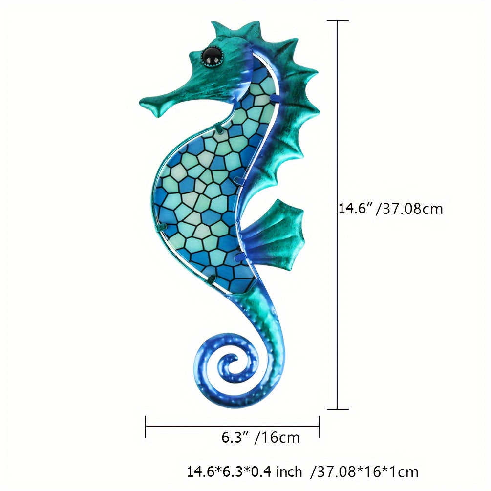 HONGLAND Metal Seahorse Wall Art Blue Mosaic Glass Wall Decor Sculpture Hanging Ocean Decorations for Home, Garden, Fence, Livingroom, Indoor, Outdoor