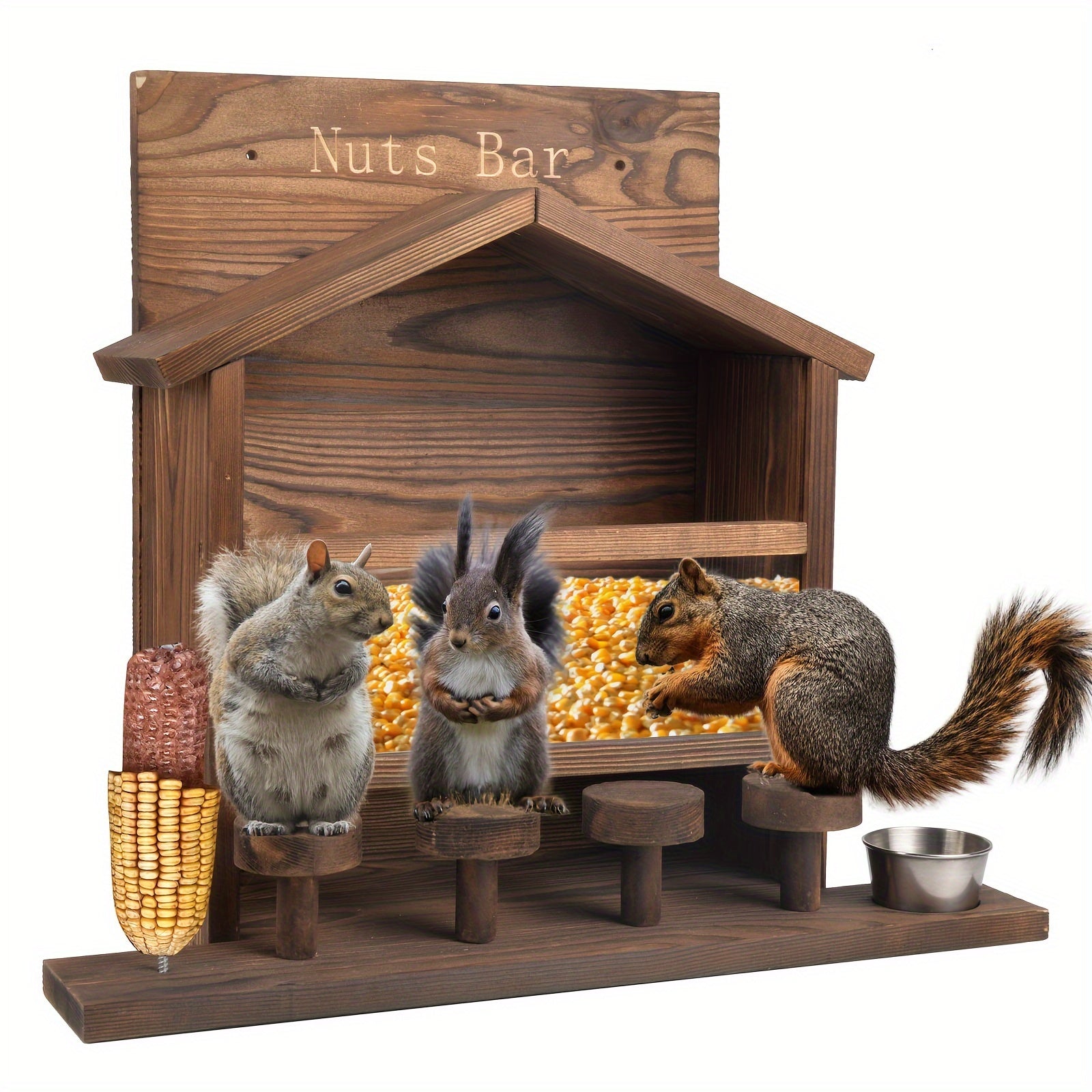 ChezMax Squirrel Feeder Picnic Table, Sturdy Wooden Squirrel House Nut Bar with Stools, Corn Holder and Water Bottle, Large Funny Chipmunk Feeding Station for Outside Squirrels