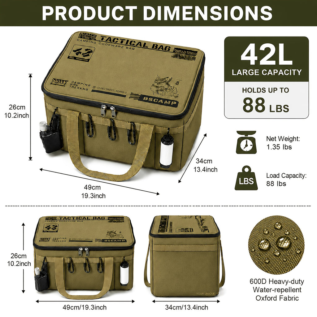 42L (11.1 Gallons) Large Picnic Bag, Collapsible 600D Waterproof Oxford Camping Cookware Storage Bag with MOLLE Webbing And Reinforced Handles, Heavy Duty Portable Organizer for Outdoor BBQ Hiking Family Trip, Holiday Gift Non-Food Direct Contact