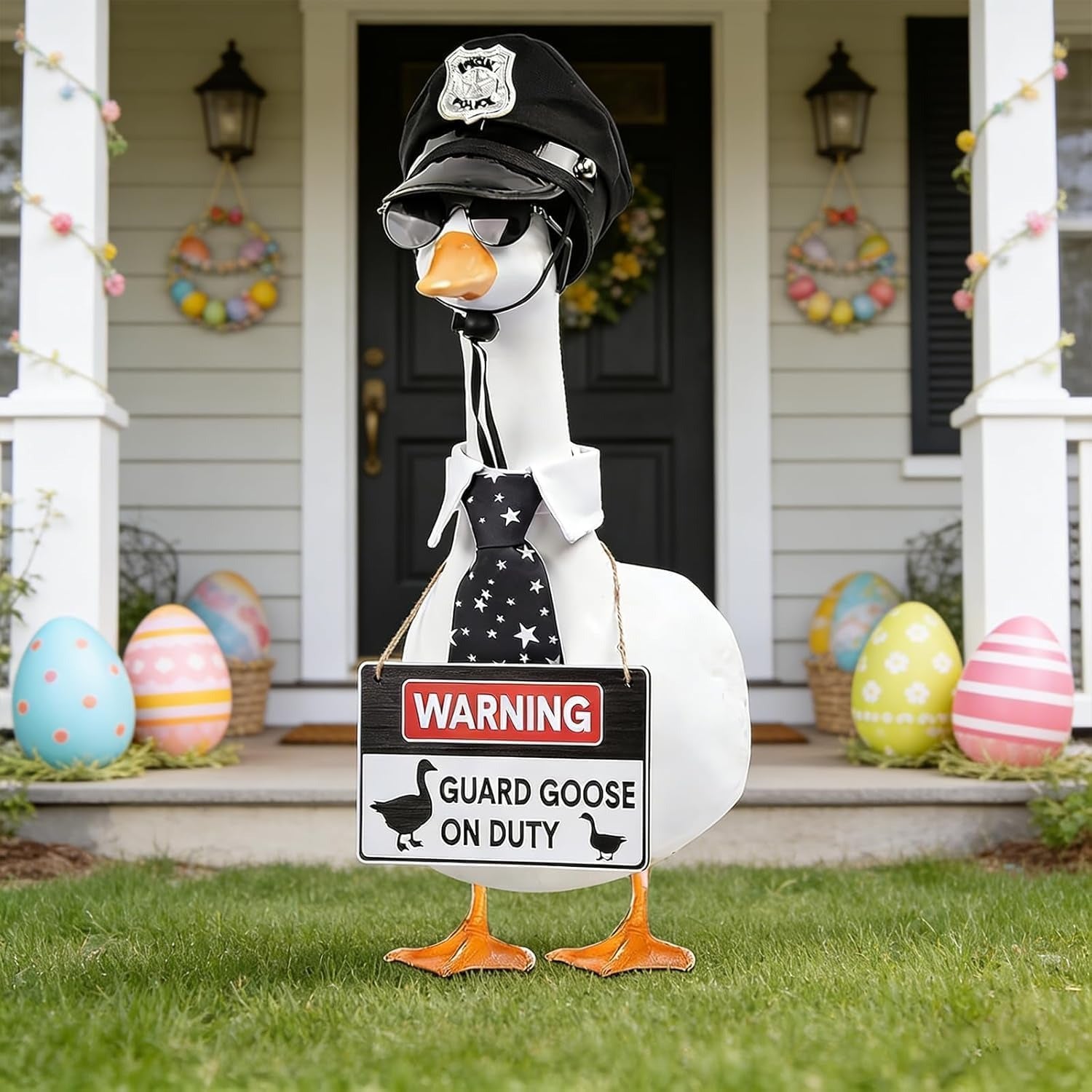 4 Pieces23 Inch Porch Goose Outfit Police Guard Costume With Hat Fashion Glasses Tie Warning Sign, Funny Security Themed Lawn Goose Clothes For 23 Inch Large Garden Goose Statue, Yard Porch Decor Gift (Goose Not Included)