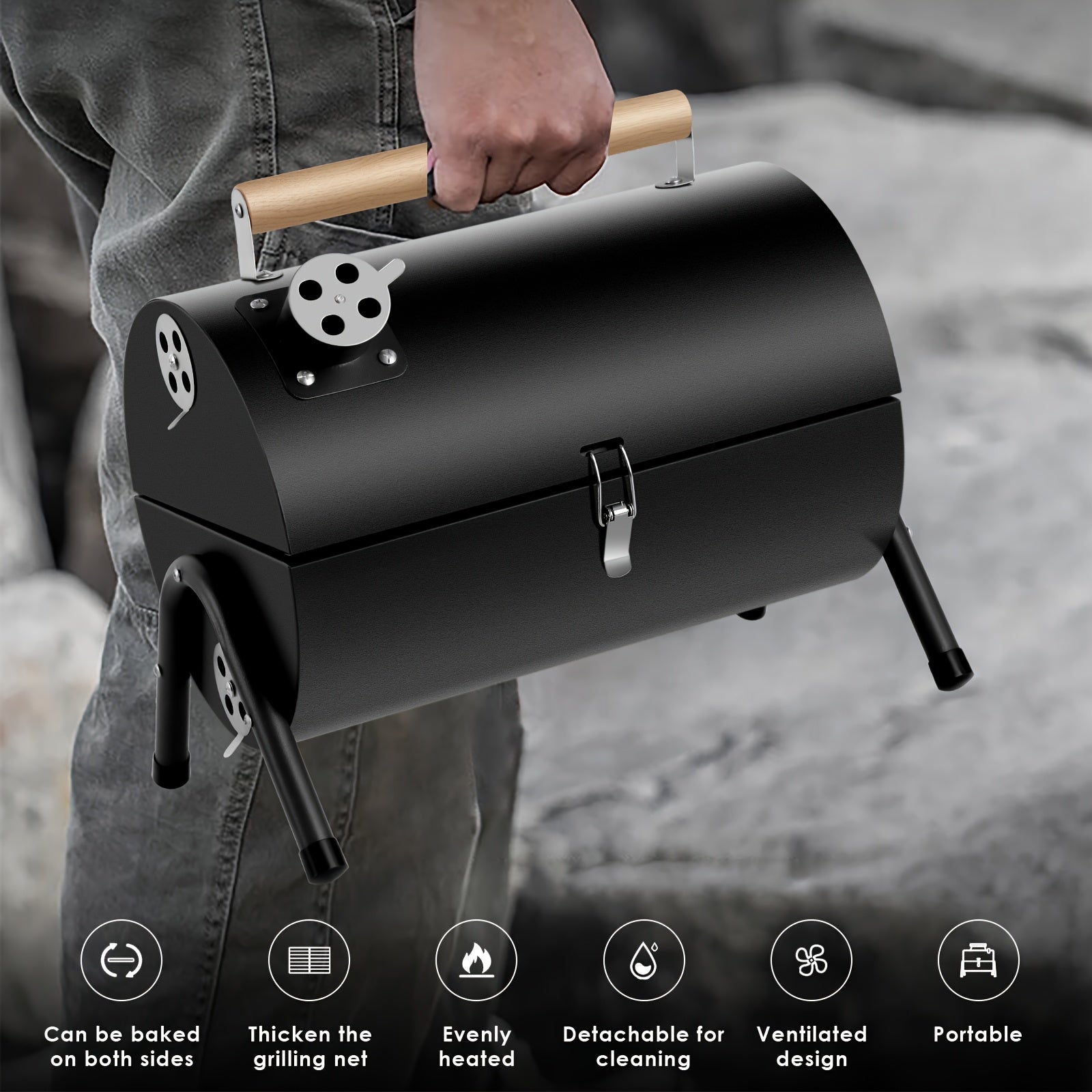 1pc Compact Portable Barrel Charcoal BBQ Grill with Double-Sided Griddle, Foldable Outdoor Smoker Grill for Camping, Cooking, Picnic & Backyard BBQ, Black, Father's Day Gift for Dad, BBQ Gifts for Men