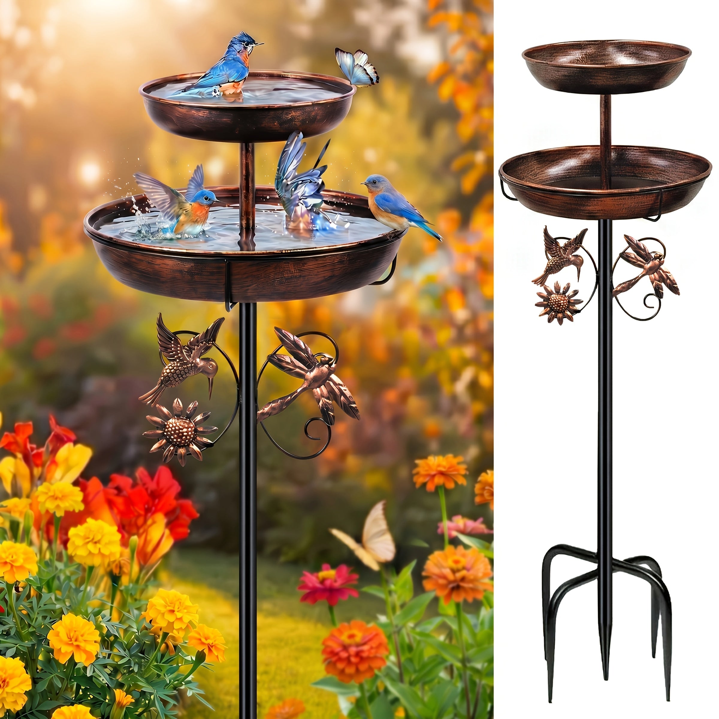 Retro Double-layer Metal Bird Bath Feeder. Detachable Basin for Feeding & Bathing. with Hummingbird & Dragonfly Decor. Ideal for Gardens, Patios, Courtyards, Lawns. Upgraded 5-claw Base, Anti-toppling, Stable And Durable.