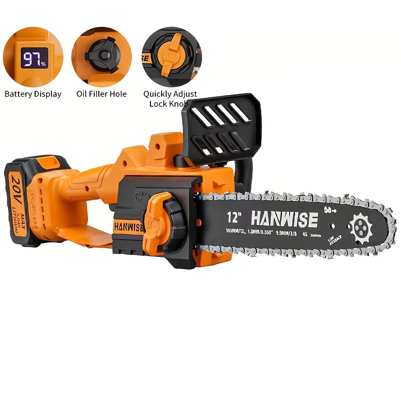 [Handheld Chainsaw] HANWISE 12-inch Handheld Cordless Electric Chainsaw, 3500 RPM, with Battery, Splash Guard, Safety Lock, and Deluxe Accessories. Suitable for Garden, Yard, and Camping Use for Trimming Branches. An Essential Gardening Tool, a Must-have