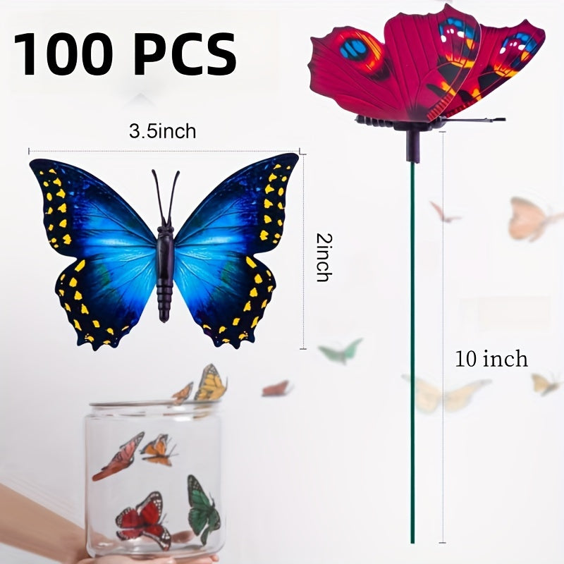 100pcs Butterflys Garden Decorations - 10 Inch Plastic Butterfly Stakes - Ornaments Artificial Butterflies - for Flower Bouquet Arrangements Crafts - Outdoor Wall Patio Plant Christmas Yard Decor