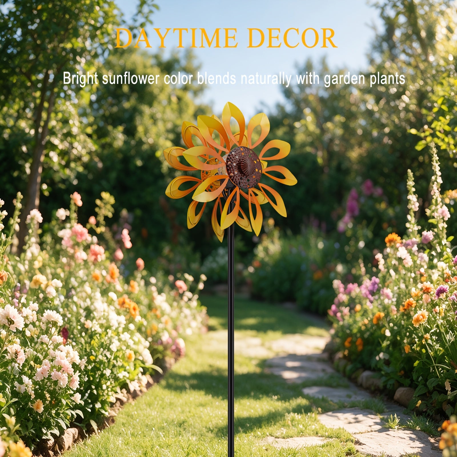 Outdoor Patio Landscape Decor, Solar Powered Metal Sunflower Wind Spinner with Night Glow Light, Collects Sun Energy During The Day And Shines After Dark, Weatherproof Kinetic Rotation Design for Garden Yard Lawn Decorative Ornament