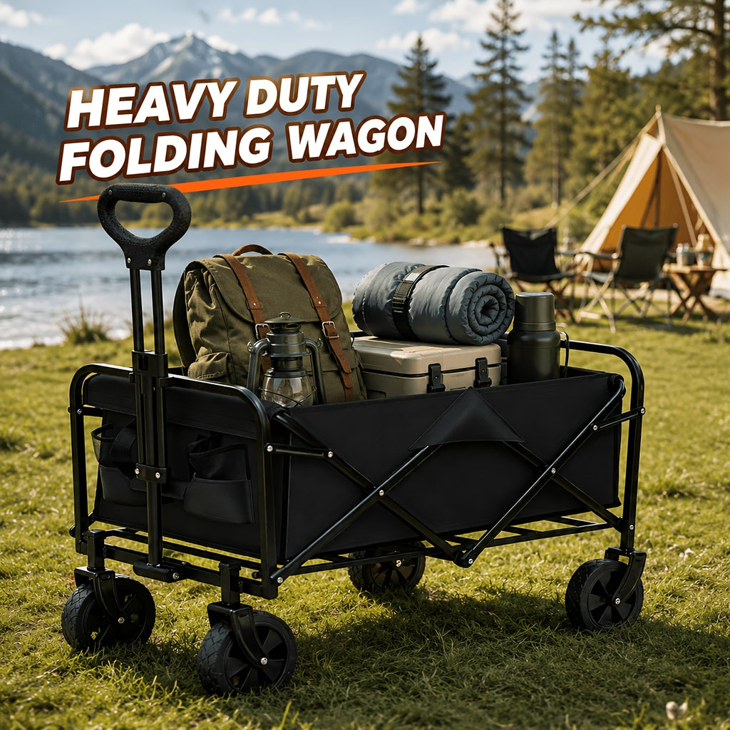 Heavy Duty Foldable Wagon Cart, 650LBS Load Bearing, Stainless Steel Frame, 600D Oxford Fabric, All Terrain Utility Cart with Swivel Wheels And Adjustable Handle, Multipurpose Portable Cart for Camping, Beach, Gardening Cart