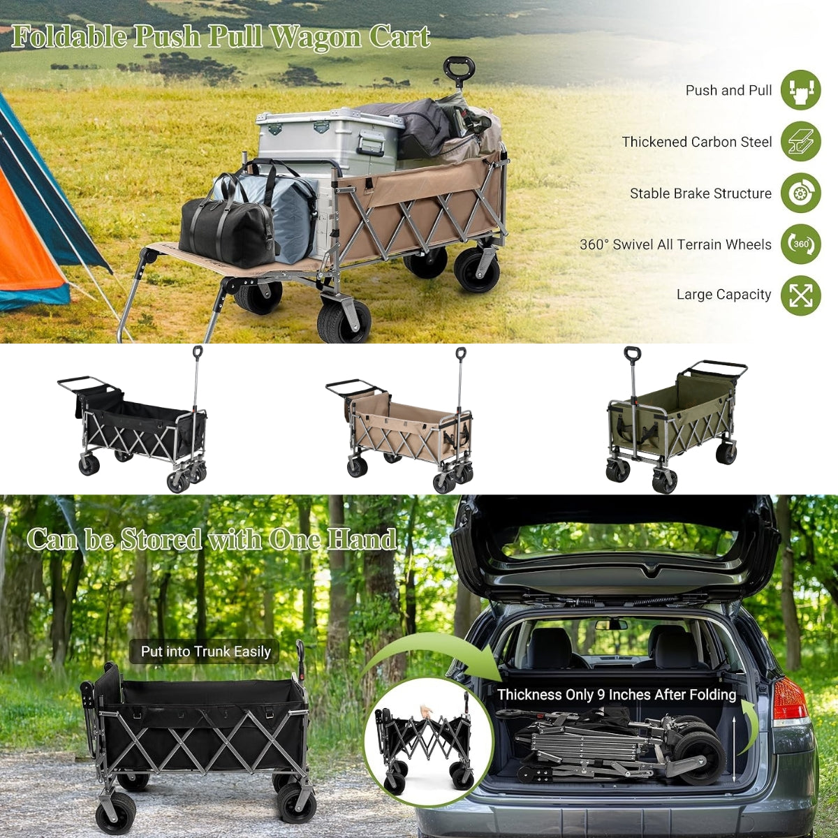 Large Capacity Collapsible Wagon with Opened Tailgate, 500lbs Pulled and Pushed Heavy Duty Folding Wagon Carts, 59" Extra Long Extender Wagons, All-Terrain Big Wheels for Shopping, Sports, Camping