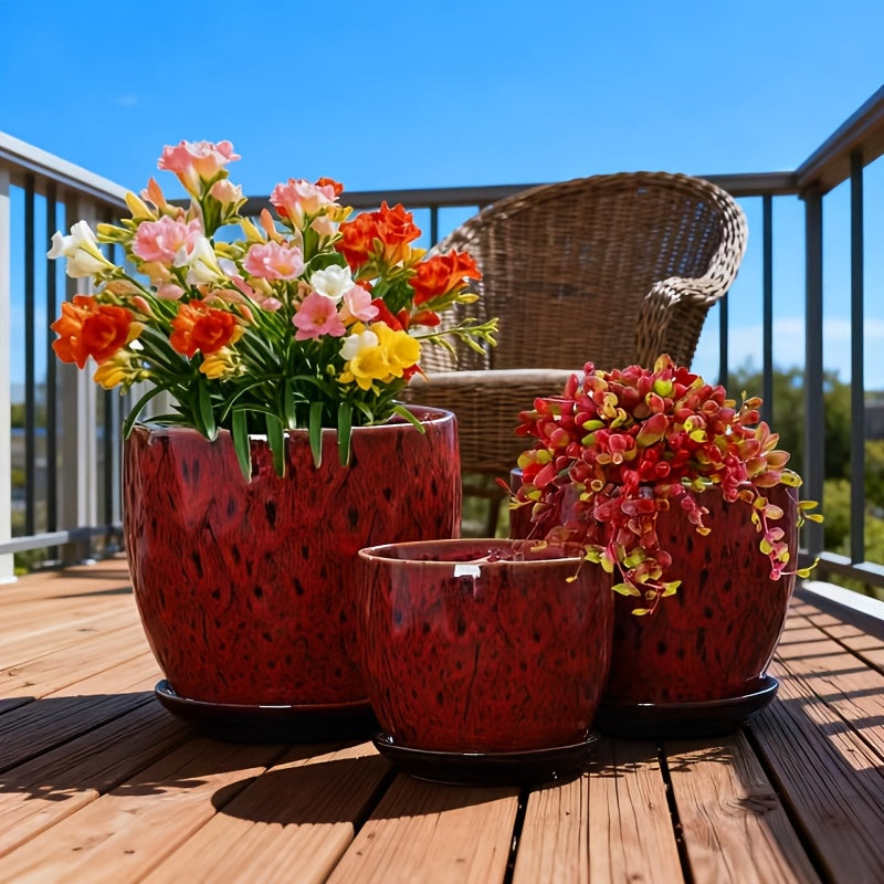 2026 Spring New Arrival Plant Pots, 3pcs Set Red Glazed High-Temperature Ceramic Flower Pots with Drainage Holes And Saucers, High-End Desktop Landscape Plant Containers for Home Windowsills And Courtyards