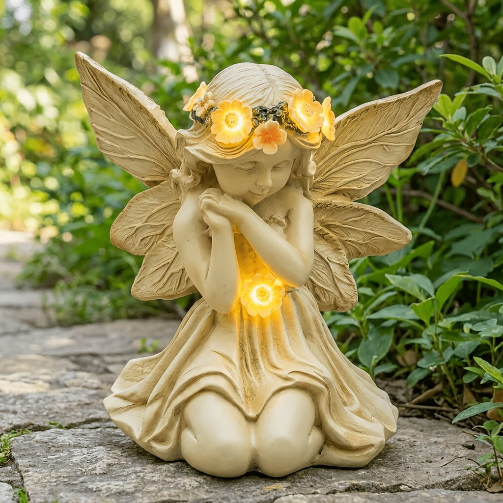 Solar Angel Garden Statue, Outdoor Lawn Decor Figurine Light, Resin Flower Sculptures with LED Lights, Art Housewarming Ornament Gift for Yard Fairy Backyard Lawn Patio Porch Balcony
