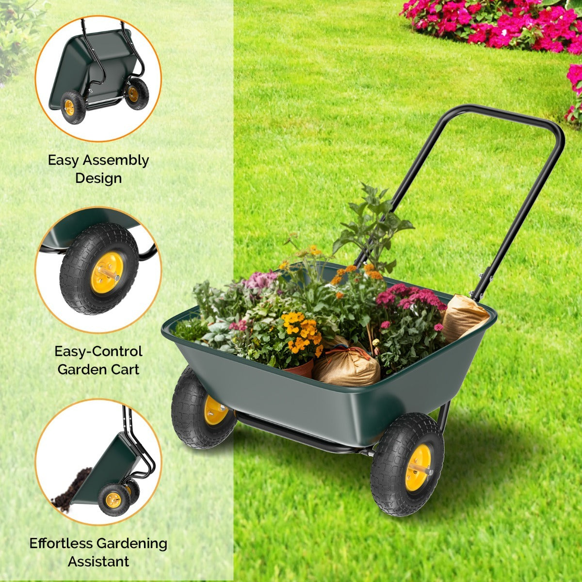 BONNLO Heavy-Duty 300LBS -Terrain Utility Cart with Single-Direction Wheels & Tailer - Portable Poly Dump Wagon Suitable for Garden, Farm, Grocery,, Lawn Care - Multiuse Vehicle for Cargo Transport