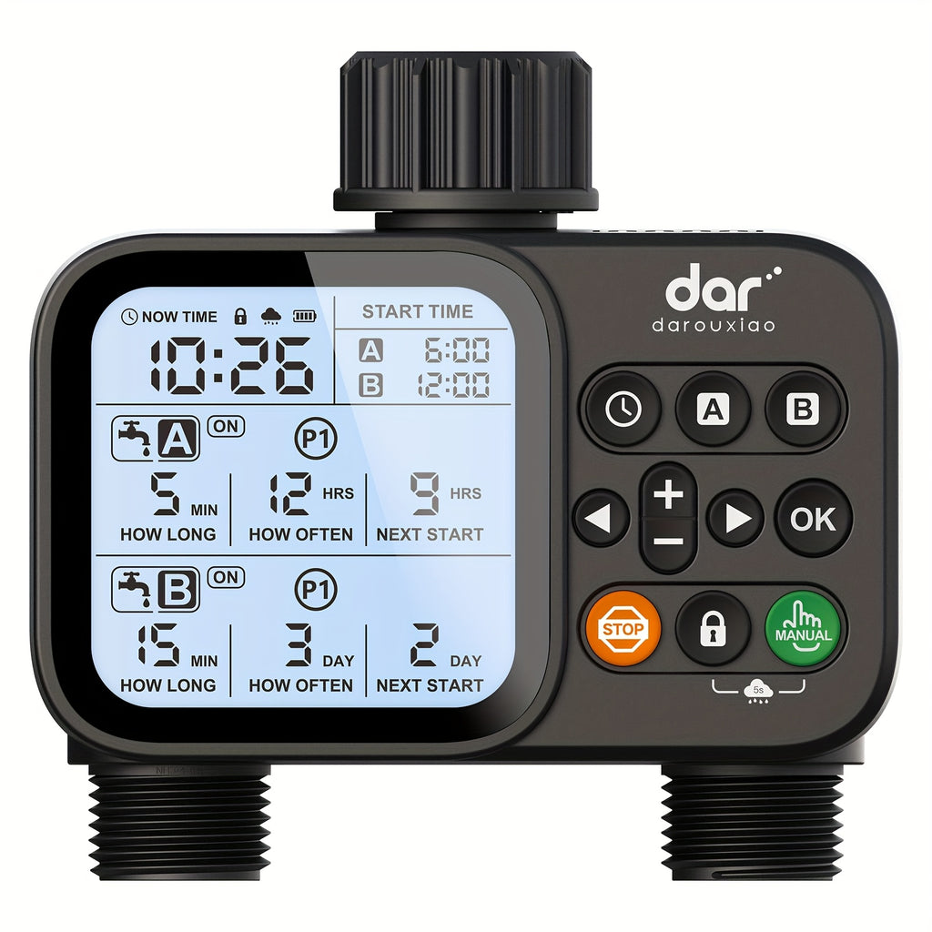 Garden Hose Watering Timer - Water Timer with 2 Outlets - Rain Delay/Manual Watering/Automatic Irrigation Control System Hose Timer for Plants, Gardens, Lawns and Outdoors Programmable Faucet Timer