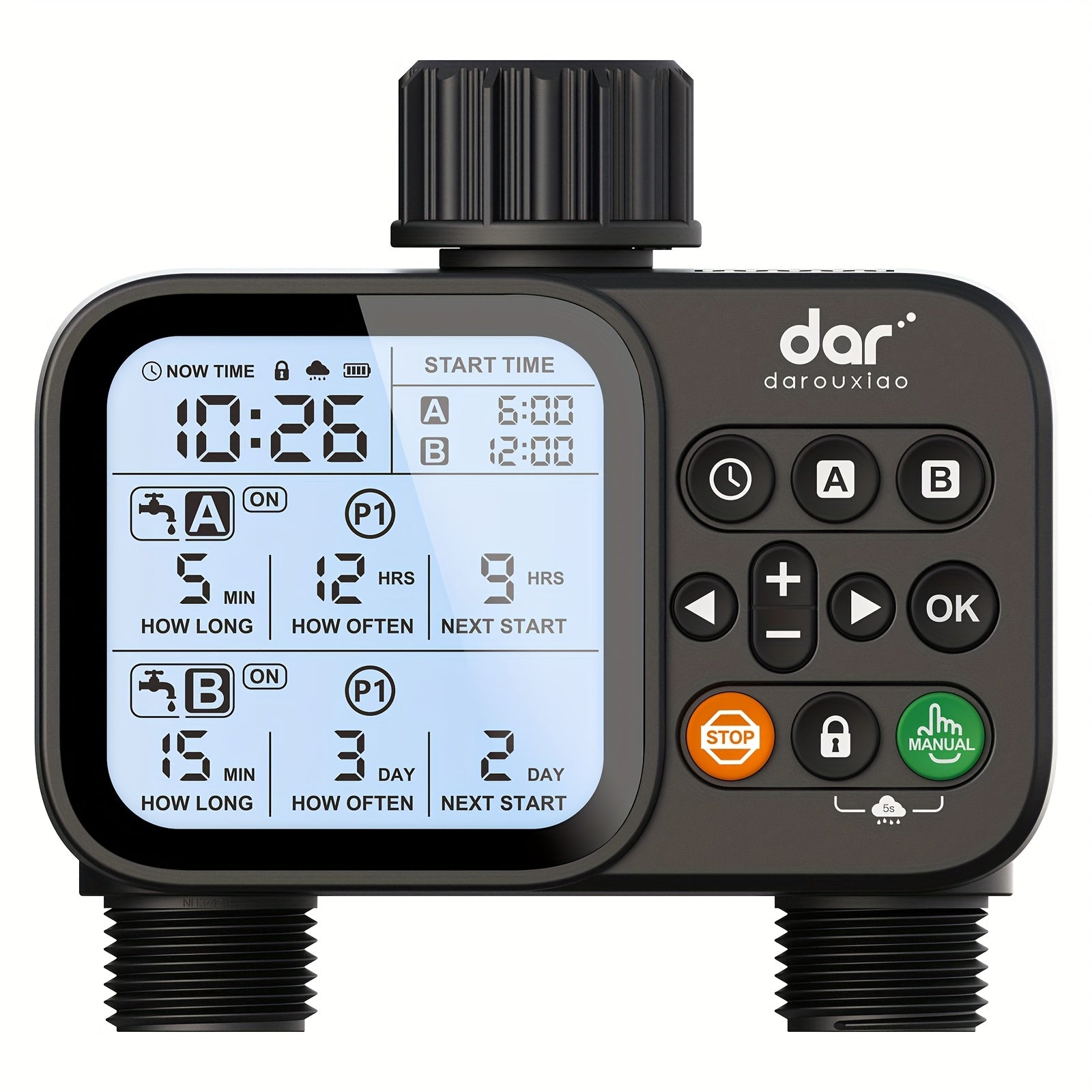 Garden Hose Watering Timer - Water Timer with 2 Outlets - Rain Delay/Manual Watering/Automatic Irrigation Control System Hose Timer for Plants, Gardens, Lawns and Outdoors Programmable Faucet Timer